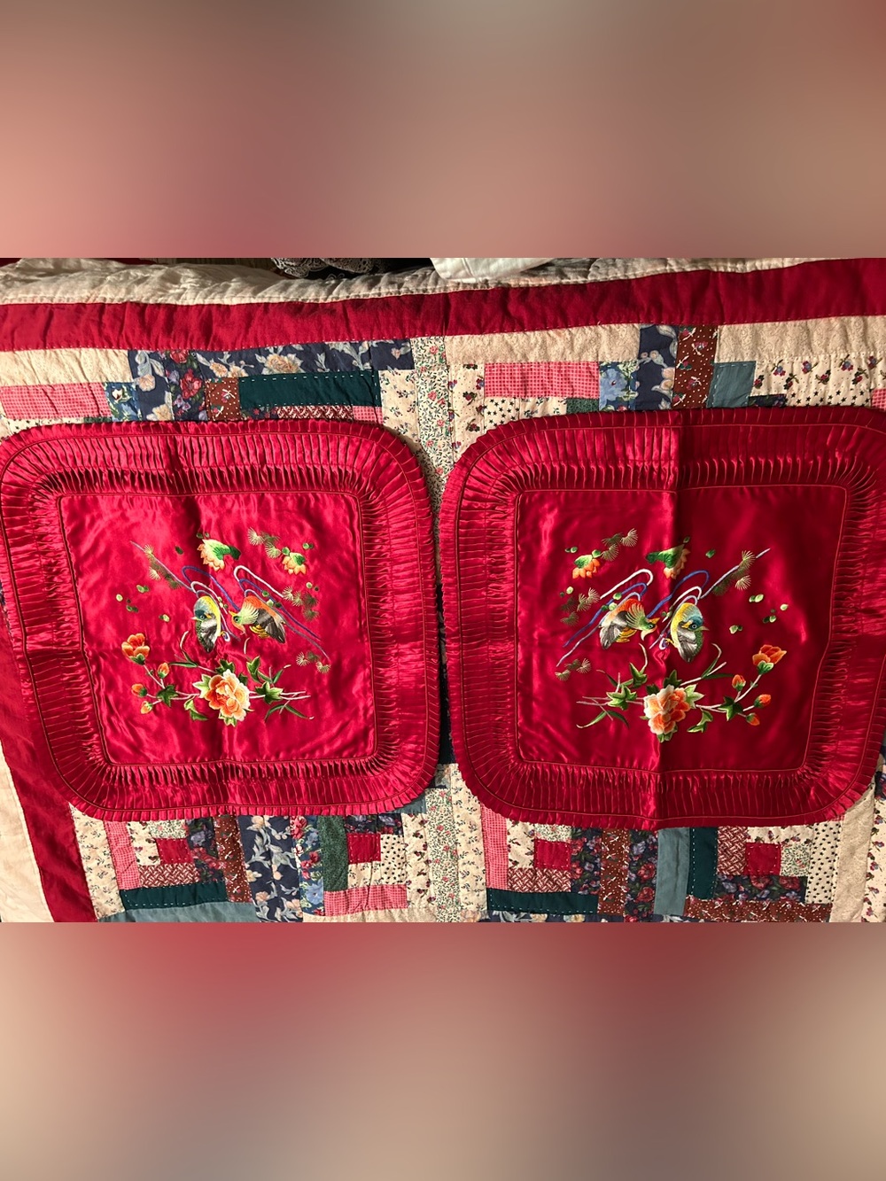 New pair ChinesEmbroidered Red Satin Decorative Pillow Covers - Floral Bird 19”